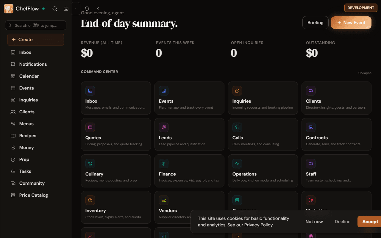ChefFlow operator dashboard with inquiries, events, finance, and command center modules